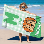 Personalisiertes Strandtuch mit niedlichem Tier und Initiale | mit Namen | aus Mikrofaser | schnelltrocknend | Sommer-Geburtstagsgeschenk für Kinder