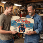 Henkilökohtainen Vintage Cartoon Auto Mechanic Character Garage Metal merkki nimi Isänpäivä Syntymäpäivä lahja isälle
