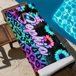 Gepersonaliseerde luipaardprint neon zonnebloemen sneldrogende strandhanddoek met naam Strandfeest Verjaardagscadeau voor familie vrienden