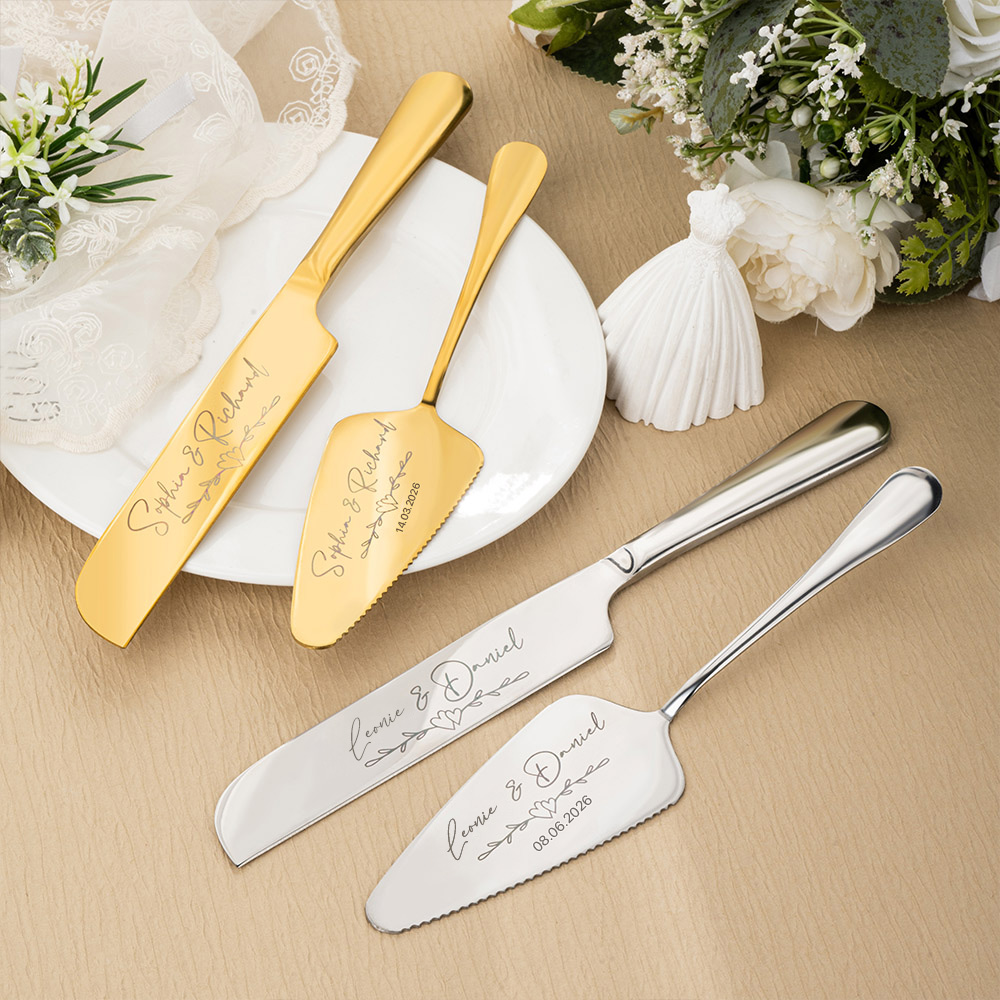 Personalisiertes Tortenbesteck Set zur Hochzeit mit Wunschgravur | Tortenheber & Tortenmesser | Verlobungs- & Hochzeitsgeschenk für Braut & Bräutigam