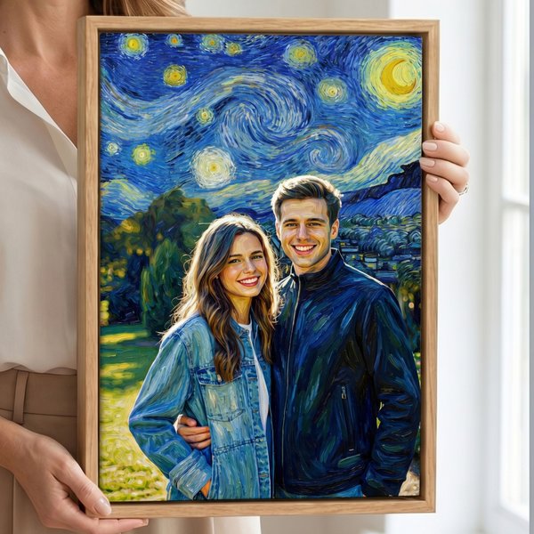 Personalised Van Gogh Art Style Photo Floating Frame Canvas Prints Living Room Home Decor Birthday Gift for Family Friends