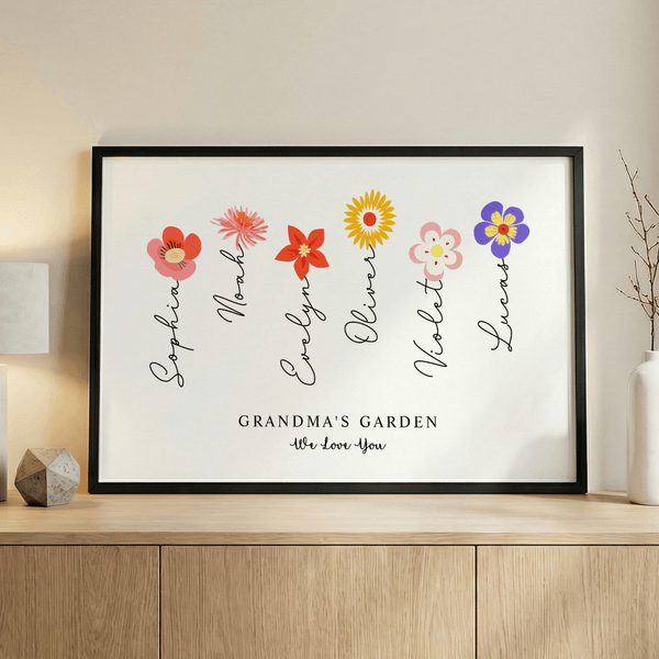 Poster personnalisé 1-12 Fleurs de naissance Peinture sans cadre avec noms et textes Décoration murale pour la chambre Fête des mères Cadeau d'anniversaire pour Maman Grand-mère