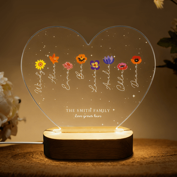 Lámpara de noche LED en forma de corazón con nombre, texto y base de madera Personalizada Grandma's Garden Birth Flower Mother's Day Gift for Mom Grandma
