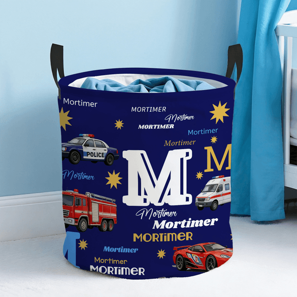 Personalized Cartoon Police Car Fire Truck Ambulance Oxford Laundry Storage Basket with Name Toy Storage Daily Use Birthday Gift for Boys Girls