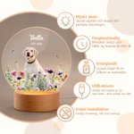Personlig LED-nattlampa med eget husdjursfoto blommor namn och träfot vacker minnesgåva och present till hundägare och djurälskare