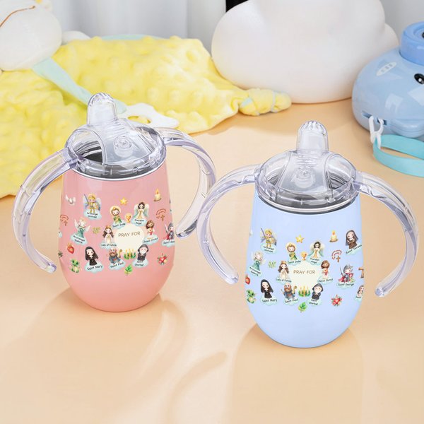 Personalised Cartoon Holy Saints of Heaven Guardian 10 oz Insulated Sippy Cup with Name Catholic Baptism Prayer Daily Use Gift for Toddler Kid