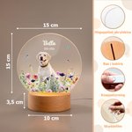 Personlig LED-nattlampa med eget husdjursfoto blommor namn och träfot vacker minnesgåva och present till hundägare och djurälskare