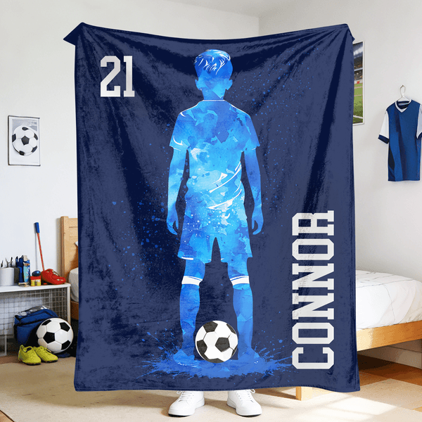 Personalized Soccer Player Silhouette Soft Blanket with Name and Number Home Decor Birthday Daily Use Gift for Teens Football Players