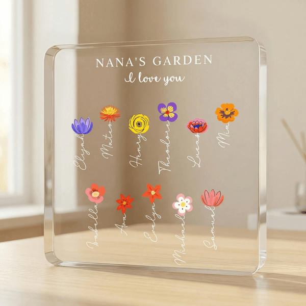 Personalised 1-12 Birth Flowers Square Acrylic Plaque with 1-12 Names Mother's Day Birthday Gift for Mom Grandma