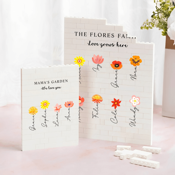 Personnalisé 1-12 Fleurs de naissance Jardin de grand-mère Rectangle Puzzle de briques de construction avec titre texte et nom Cadeau de fête des mères pour grand-mère