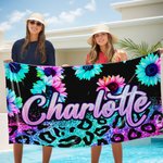 Gepersonaliseerde luipaardprint neon zonnebloemen sneldrogende strandhanddoek met naam Strandfeest Verjaardagscadeau voor familie vrienden
