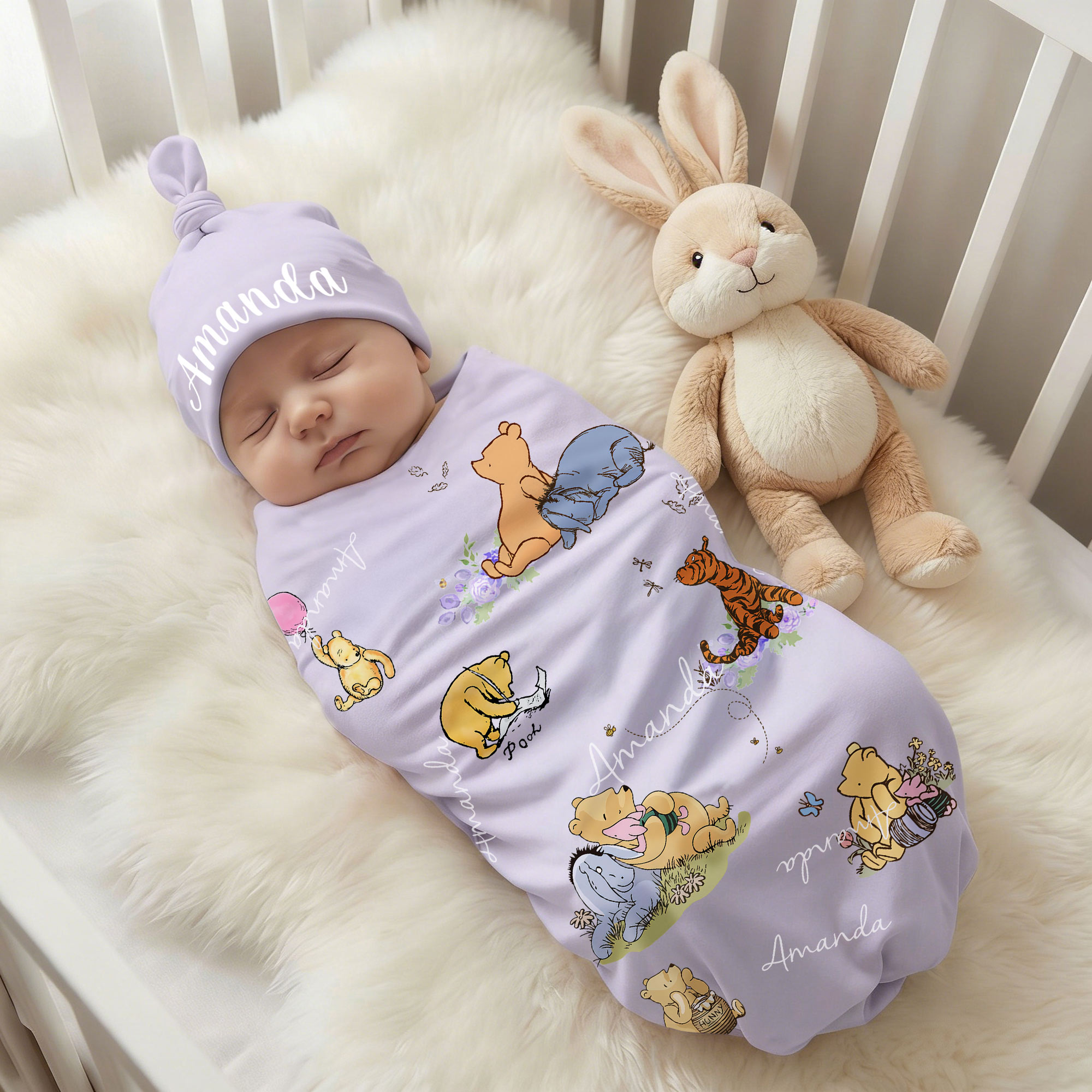 Personalized Classic Winnie the Pooh 100% Cotton Soft Swaddle Hat Set with Name Birthday Baby Shower Gift for Baby Newborn