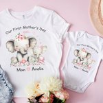 Personalized Floral Heart Elephant 100% Cotton T-shirt Baby Bodysuit with Name Our First Mother's Day Birthday Gift for Baby Mom
