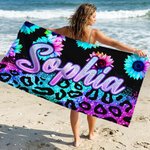 Gepersonaliseerde luipaardprint neon zonnebloemen sneldrogende strandhanddoek met naam Strandfeest Verjaardagscadeau voor familie vrienden