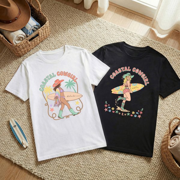Personalised Multicolor Bohemian Style Surfboard Cowgirl 100% Cotton T-shirt with Name Beach Party Birthday Holiday Gift for Women Girls