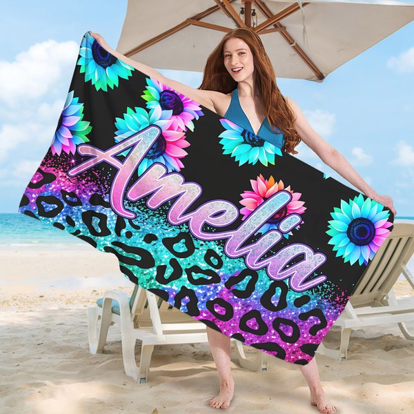 Gepersonaliseerde luipaardprint neon zonnebloemen sneldrogende strandhanddoek met naam Strandfeest Verjaardagscadeau voor familie vrienden