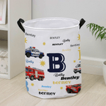 Personalized Cartoon Police Car Fire Truck Ambulance Oxford Laundry Storage Basket with Name Toy Storage Daily Use Birthday Gift for Boys Girls
