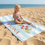 Serviette de plage surdimensionnée personnalisée Welcome to Our Pool (Bienvenue dans notre piscine) Bleu-Blanc Rayé Séchage rapide Serviette de plage surdimensionnée avec nom Vacances d'été Fête de la