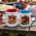 Tasse à café personnalisée Highland Cow Sunflower Multicolor 11/15 oz avec nom et sous-verre Usage quotidien Cadeau de la fête de l'indépendance américaine pour les Américains
