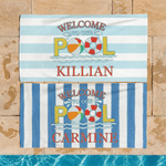 Personalised Welcome to Our Pool Blue-White Striped Quick Dry Soft Oversized Beach Towel with Name Summer Holiday Beach Party Birthday Gift for Kids