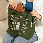 Personlig tecknad karaktär stor kapacitet Corduroy Tote Bag med födelseblomma och namn Resa väsentlig födelsedagspresent för kvinnor