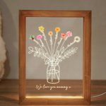 Personalised Watercolor Birth Flower Vase Acrylic LED Night Light with Names Text and Wooden Frame Mother's Day Birthday Gift for Mom Grandma