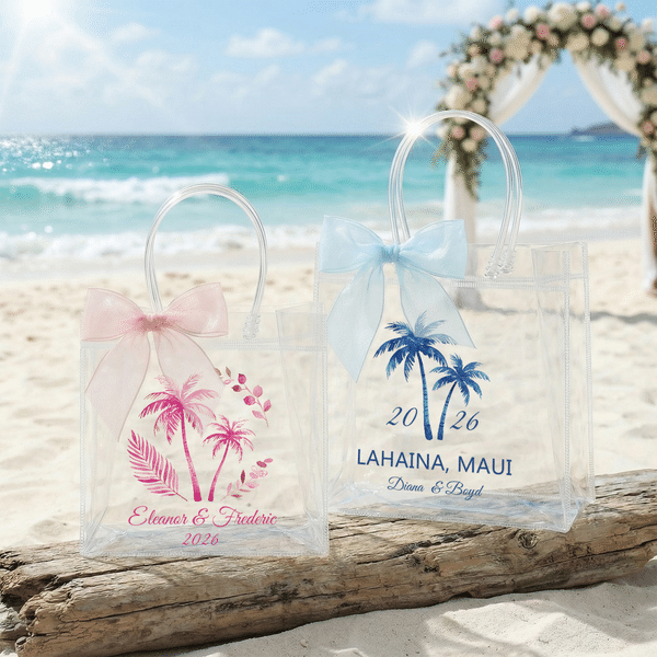 Personalizada Rosa Azul Lazo Palmeras Transparente Bolsa de Regalo con Nombres Año Lugar Boda Regalo para Damas de Honor Recién Casadas