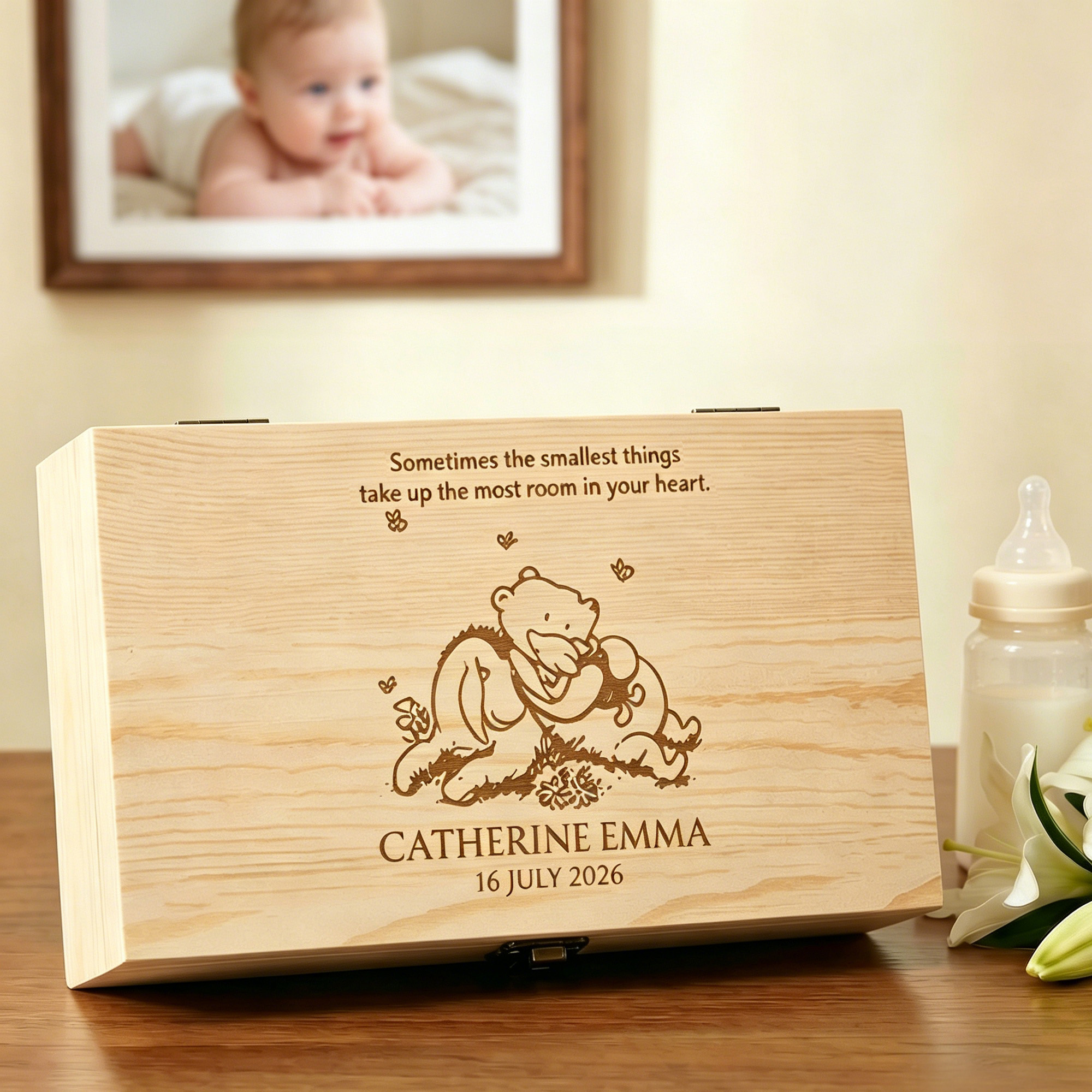 Personalized  Classic Winnie the Pooh Wooden Memory Storage Box with Title and Text Baby Shower Anniversary Gift for New Parents Newborns
