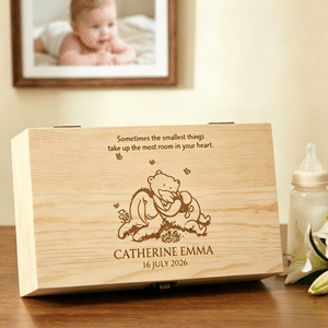 Personalized  Classic Winnie the Pooh Wooden Memory Storage Box with Title and Text Baby Shower Anniversary Gift for New Parents Newborns