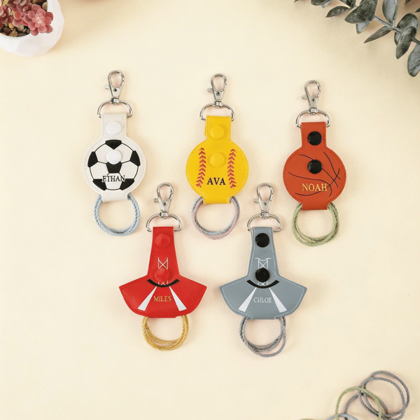 Personalised Soccer Tennis Volleyball Cheerleading Sports PU Leather Keychain with Name Bag Tag Hair Tie Organizer Birthday Team Gift for Teammates