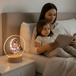 Personalized Star Moon Mom Kid Back View LED Round Night Light with Wooden Base and Name Mother's Day Birthday Gift for Mother Boy Girl