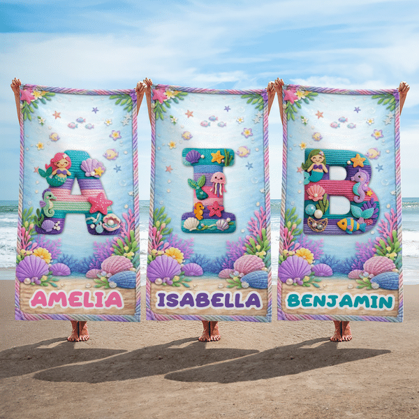 Personalised Yarn Ocean Animal Initial Quick Dry Oversized Microfiber Beach Towel with Name Travel Essentials Beach Party Gift for Friend Kid