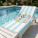 Serviette de plage surdimensionnée personnalisée Welcome to Our Pool (Bienvenue dans notre piscine) Bleu-Blanc Rayé Séchage rapide Serviette de plage surdimensionnée avec nom Vacances d'été Fête de la
