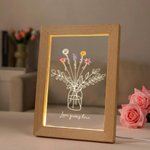 Personalised Watercolor Birth Flower Vase Acrylic LED Night Light with Names Text and Wooden Frame Mother's Day Birthday Gift for Mom Grandma