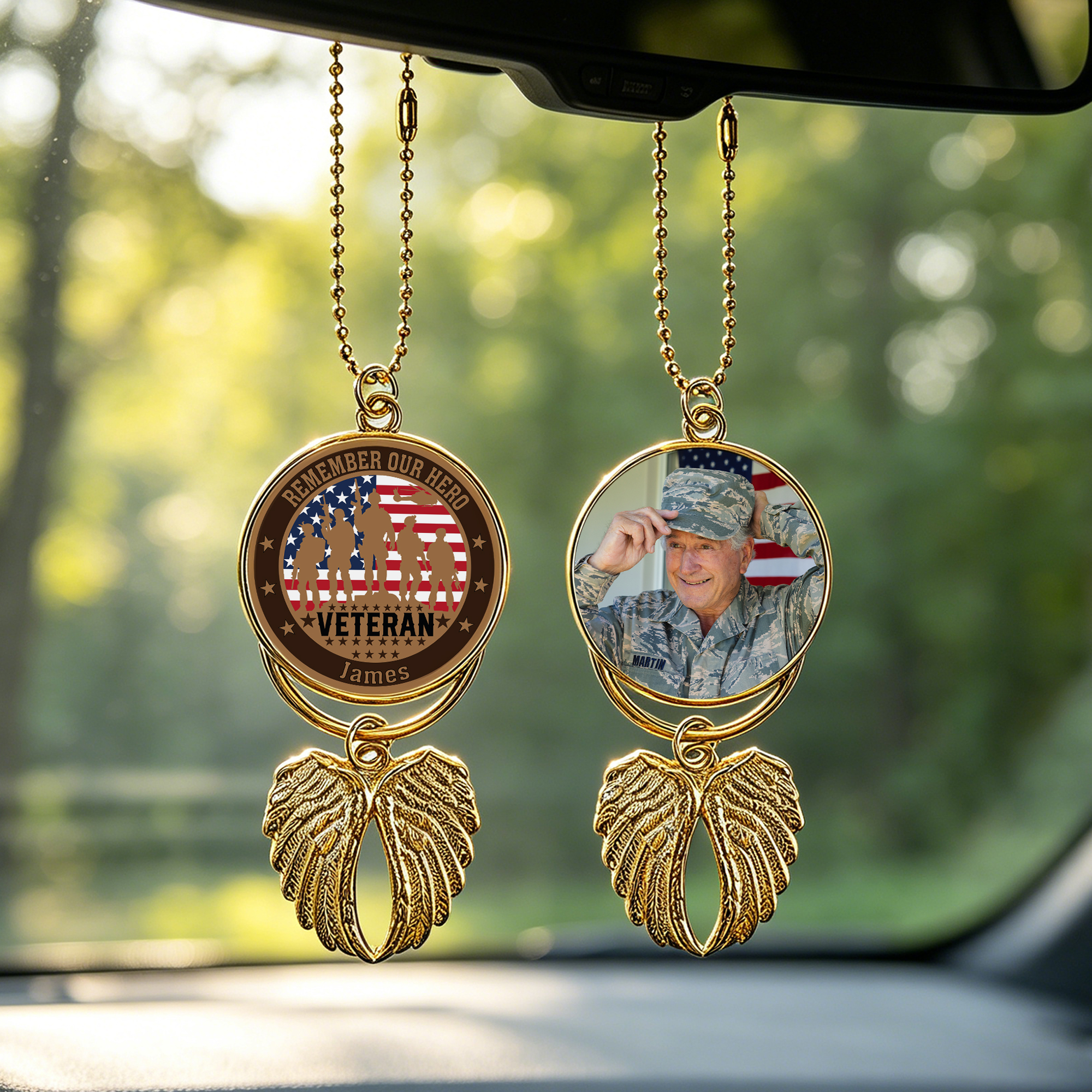 Personalized Angel Wings Veteran Photo Car Hanging Ornament with Name Accessories Sympathy Memorial Day Gift for Family Car Owner