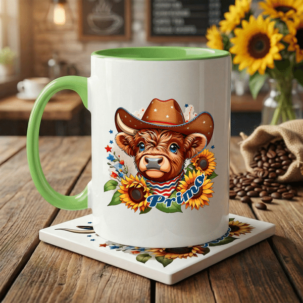 Personalized Highland Cow Sunflower Multicolor 11/15 oz Coffee Mug with Name and Coaster Daily Use American Independence Day Gift for Americans