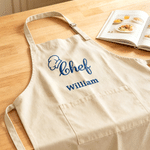 Personalized Embroidered Chef's Hat Adjustable Linen Apron with Pocket and Name Father's Day Birthday Gift for Father Baking Lovers