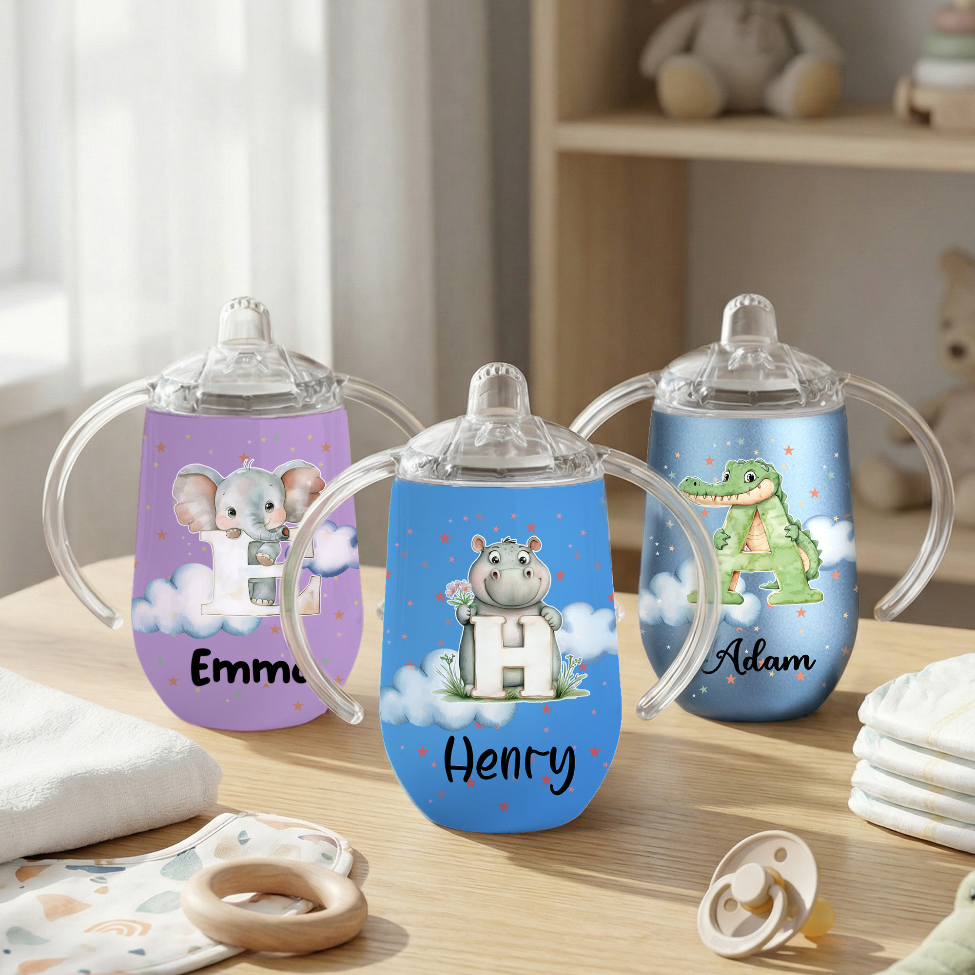 Personalisierte Schnabeltasse mit Tiermotiv Initiale & Namen | lebensmittelechter Edelstahl | 295 ml Trinklernbecher | Geburtstag Geschenk für Babys