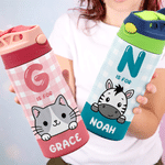 Bottiglia d'acqua personalizzata da 12 oz con nome e iniziali, con coniglio e gatto a quadri, regalo di compleanno per ragazzo e ragazza.