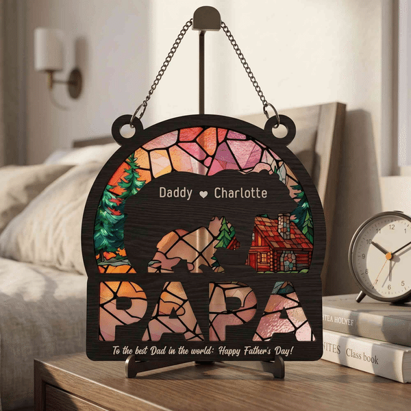 Personalize Bear Father and Kid Acrylic Suncatcher with Names and Text Window Hanging Home Decor Father's Day Gift for Father