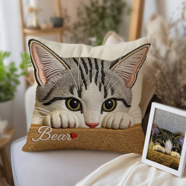 Personalised Pet Photo Imitation Embroidery Design Soft Cushion Cover with Pet's Name Home Sofa Decor Memorial Birthday Gift for Pet Owners