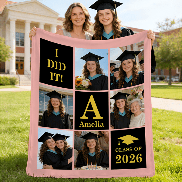 Personalized Nine-Grid 6 Photos Graduation Cap Soft Throw Blanket with Name and Text Home Decor Graduation Party Gift for Graduates
