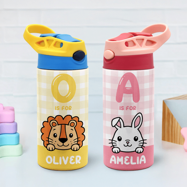 Bottiglia d'acqua personalizzata da 12 oz con nome e iniziali, con coniglio e gatto a quadri, regalo di compleanno per ragazzo e ragazza.