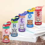 Bottiglia d'acqua personalizzata da 12 oz con nome e iniziali, con coniglio e gatto a quadri, regalo di compleanno per ragazzo e ragazza.