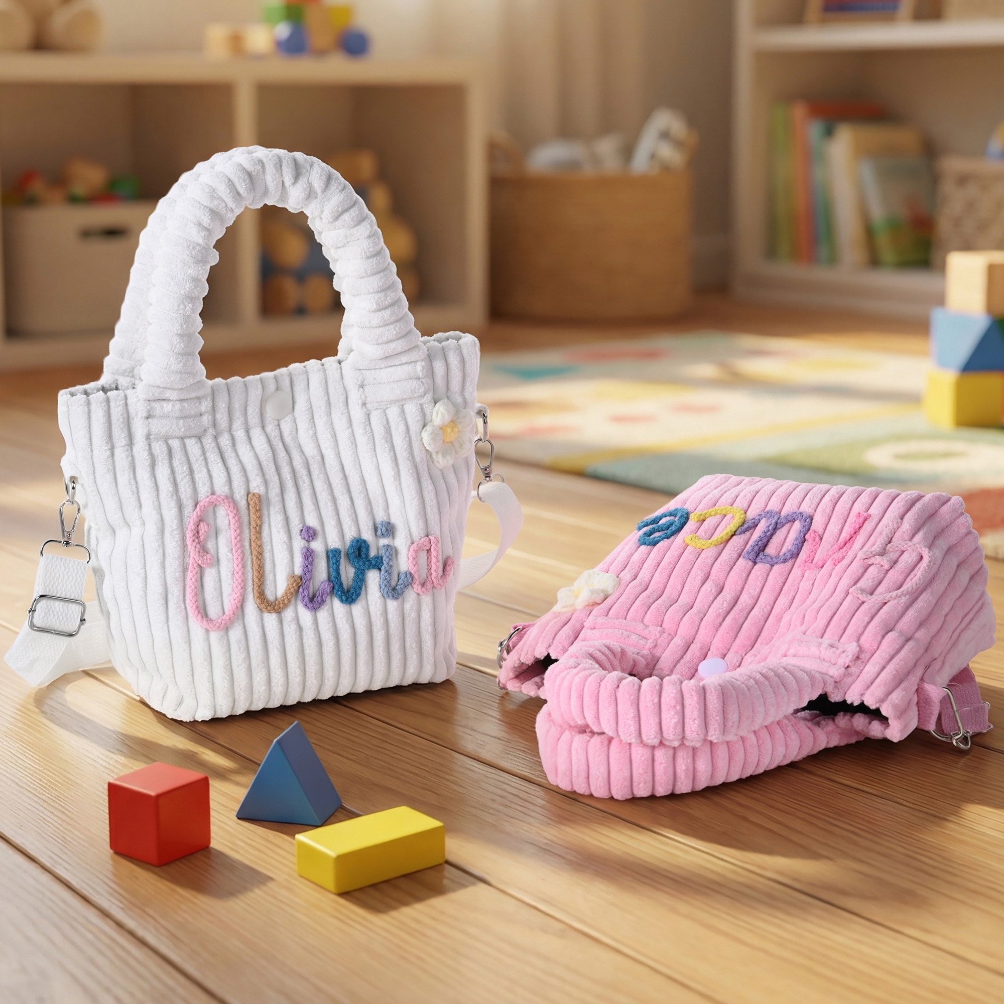 Bandolera de pana personalizada bolso cruzado con linda flor piruleta fresa y nombre regalo de cumpleaños vuelta al cole para niños y chicas