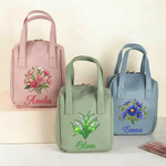 Personalized Birth Flower Portable PU Leather Makeup Bag with Name and Handle Mother's Day Birthday Gift for Women