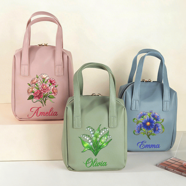 Personalized Birth Flower Portable PU Leather Makeup Bag with Name and Handle Mother's Day Birthday Gift for Women