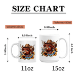 Tasse à café personnalisée Highland Cow Sunflower Multicolor 11/15 oz avec nom et sous-verre Usage quotidien Cadeau de la fête de l'indépendance américaine pour les Américains