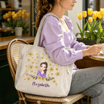 Personlig tecknad karaktär stor kapacitet Corduroy Tote Bag med födelseblomma och namn Resa väsentlig födelsedagspresent för kvinnor