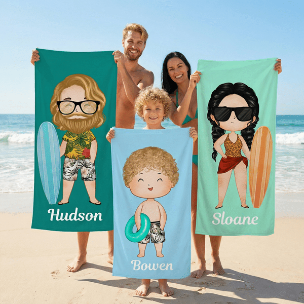 Personalized Cartoon Character Quick Dry Soft Oversized Beach Towel with Name Summer Vacation Beach Party Birthday Gift for Family Friends